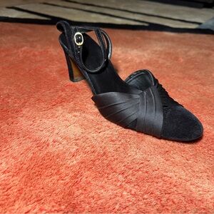 Black Velvet and Satin Black Stack Heel w/ Ankle Strap size 9